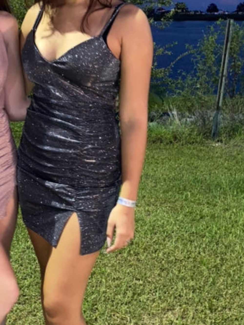 Silver black sparkly mini dress.